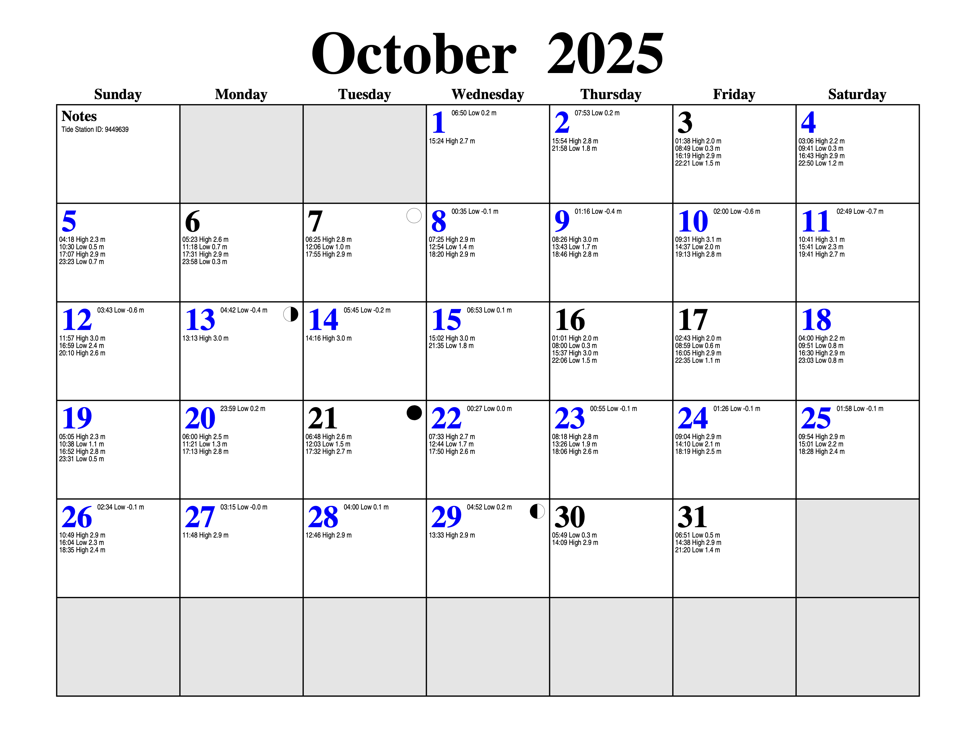 Example tide calendar
